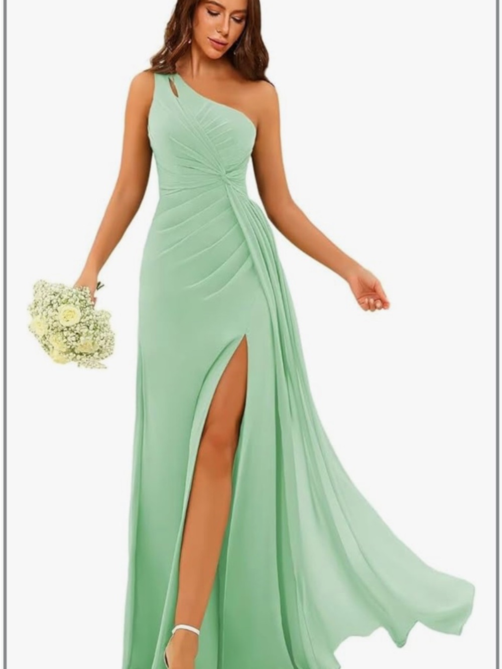 One-Shoulder Mint Green Evening Gown
